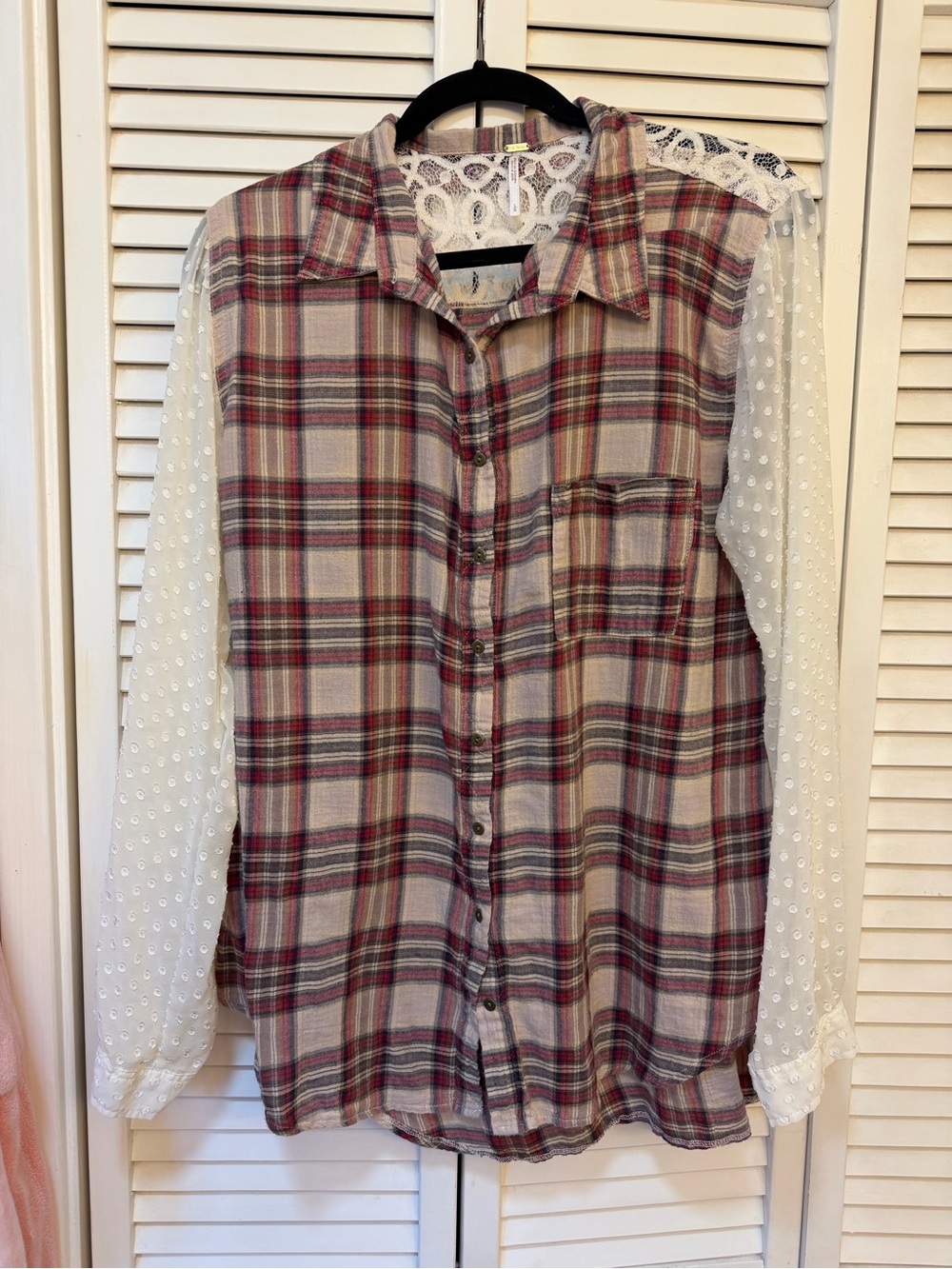 Free People Burgundy and Cream Plaid Button-Down with Cream Sleeves